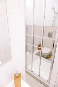 uma casa de banho com um chuveiro e um WC. em AuPetitSaumur - LPC em Saumur
