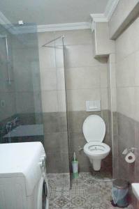 a small bathroom with a toilet and a shower at Ören Konak Apart Otel in Burhaniye