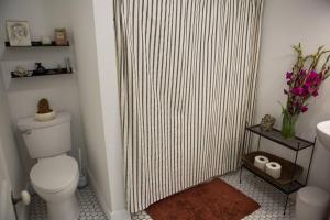 a bathroom with a toilet and a shower curtain at Object Hotel 2BR Room 2A in Bisbee +12 photos