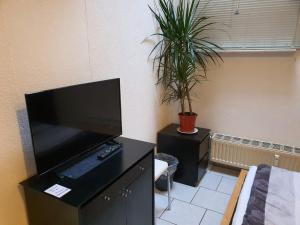 a room with a desk with a television and a plant at Roter Backstein Apartment 1 in Mainz