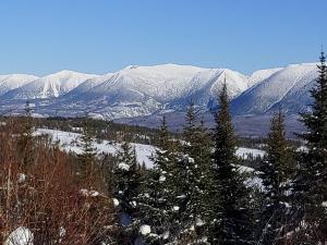 a snowy mountain range with trees and snow covered mountains at Motel Restaurant Nanook in Cap-Chat