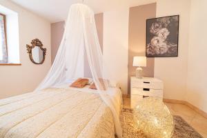 un dormitorio con una cama con mosquitera en Le Muse, Comano Terme Holiday - piano terra, en Comano Terme