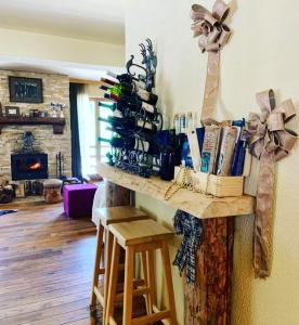 a room with a table with books and a fireplace at Vila Dragana in Žabljak