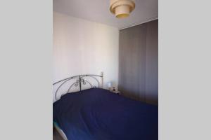 1 dormitorio con cama azul y manta azul en Jolie petite Maison de Charme dans quartier boisé, en Vallauris