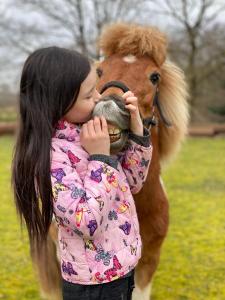 Uma jovem está a beijar um cavalo castanho. em Borgdal em Silkeborg