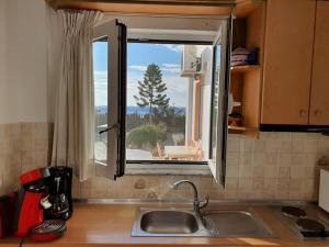 encimera de cocina con fregadero y ventana en Kallithea Apartments, en Myrtos