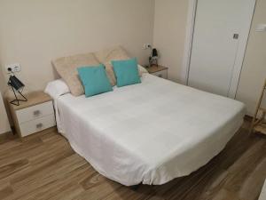 a bedroom with a large white bed with blue pillows at Apartamento acogedor en Granada in Granada