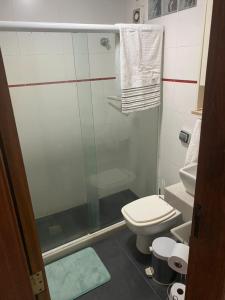La salle de bains est pourvue de toilettes et d'une douche en verre. dans l'établissement Studio em Copacabana, à Rio de Janeiro