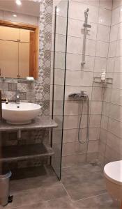 een badkamer met een wastafel en een douche bij Castello Verde Apartments Studios in Plakias