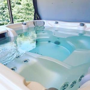 a bath tub filled with water in a boat at Gîte ma vie là avec jacuzzi privatif in Saint-Julien-de-Cassagnas