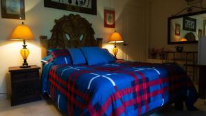 a bedroom with a blue and red bed with two lamps at El Jardín del Edén B&B Boutique in Cuernavaca