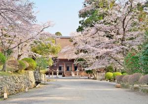 una casa con árboles en flor frente a una entrada en Miidera Onjo-ji en Otsu