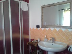 un bagno con lavandino e specchio di Locanda Tipica Sa Corte a Oliena Altre 61 foto
