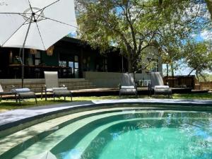 a swimming pool with an umbrella and chairs and a house at Simbavati Homestead in Klaserie Private Nature Reserve