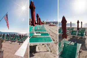 ディアーノ・マリーナにあるHotel Villa Igeaのビーチの景色を望む客室で、椅子とパラソルが備わります。