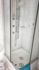 a shower with a glass door in a bathroom at Appartement mit Weitblick in Mönchengladbach