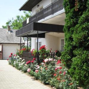 un jardín de flores frente a una casa en Pipacs apartmanok, en Balatonboglár