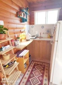 a kitchen with wooden walls and a refrigerator at Idelia at Golan Heights in Giv'at Yo'av