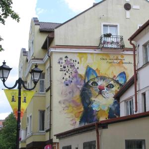 a mural of a cat on the side of a building at Baltiyskaya Korona in Zelenogradsk