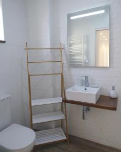 ein Badezimmer mit Waschbecken, Toilette und Spiegel in der Unterkunft Apartamentos la Garita - Casa Juan yBlanca - Cudillero in Cudillero