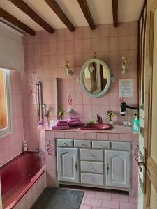 uma casa de banho cor-de-rosa com uma banheira e um lavatório. em Les Chambres de Paule em Thieulloy-lʼAbbaye