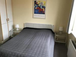 1 dormitorio con 1 cama con 2 lámparas y una foto en la pared en Løkken Badehotel Apartments, en Løkken