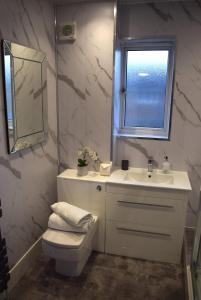 a bathroom with a sink and a toilet and a window at Kelpies Serviced Apartments- Russell in Falkirk