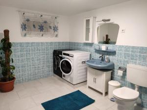 een badkamer met een wasmachine en een wastafel bij Sommertraum in Fehmarn