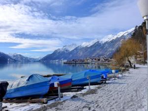 a row of boats parked on the shore of a lake at Apartment Am Brienzersee by Interhome in Brienz