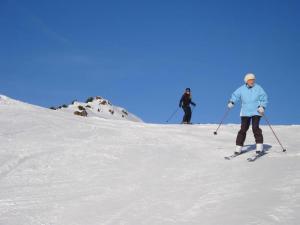 リーダーアルプにあるApartment Abendrot Parterre by Interhomeの雪に覆われた坂道を2人がスキーで下りている