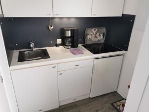 a small kitchen with white cabinets and a sink at Fewo-Harz-Uraub in Altenau