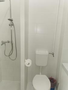 a white bathroom with a toilet and a shower at Galéria Apartman in Szeged