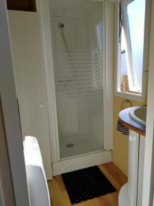 La salle de bains est pourvue d'une douche, de toilettes et d'un lavabo. dans l'établissement Camping Cap Soleil île d'Oléron 4 étoiles, à La Bétaudière