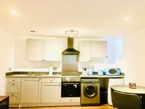 a kitchen with a stove top oven next to a dishwasher at The Westbank in Torquay