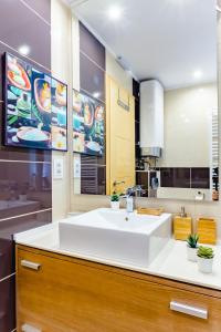 ein Badezimmer mit einem weißen Waschbecken und einem großen Spiegel in der Unterkunft Apartman Maria - Krila Zlatibora in Zlatibor