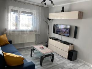 a living room filled with furniture and a tv at Apartament Swobodna No.2 in Sosnowiec