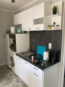 a kitchen with a stove top oven and a sink at Apartament Swobodna No.2 in Sosnowiec