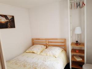 セニョスにあるLes chevreuilsの小さなベッドルーム(ベッド1台、ランプ付)