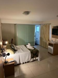 ein Hotelzimmer mit einem Bett und einem TV in der Unterkunft Hotel Pousada de Minas in Itabirito