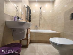une salle de bain avec un lavabo, des toilettes et une baignoire dans l'établissement Willa Raj, à Wisła