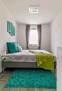um quarto com uma cama com um tapete verde em Green Apartman Balatonlelle em Balatonlelle