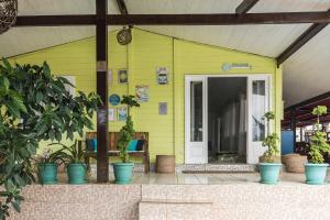 a yellow house with potted plants in front of it at Pousada da Carmô in Fernando de Noronha