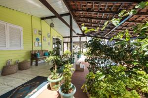 um quarto com plantas em vasos e uma parede amarela em Pousada da Carmô em Fernando de Noronha