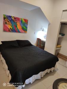 Un dormitorio con una cama negra con una pintura en la pared en Zona centrica dentro de las cuatro avenidas. en Santiago del Estero