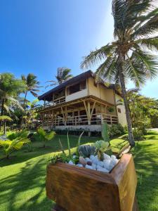 琵琶的住宿－Filha Da Lua Ecolodge，前面有棕榈树的房子