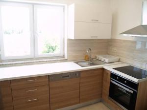 kuchnia z drewnianymi szafkami, umywalką i oknem w obiekcie Apartment in Preko with Terrace, Air conditioning, WIFI, Washing machine (4568-2) w mieście Preko +37 zdjęć