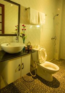 a bathroom with a sink and a toilet and a mirror at Moon's Homestay in Hoi An