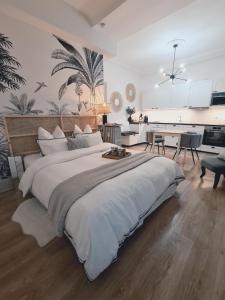 1 dormitorio grande con 1 cama grande y cocina en RoomChic - Les Ambassadeurs en Vichy