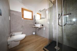 a bathroom with a shower and a toilet and a sink at Belvedere in Auronzo di Cadore