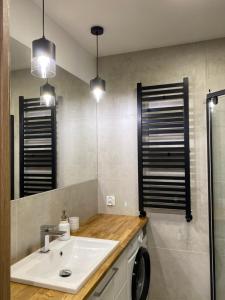 a bathroom with a sink and a mirror at Apartament Na Wzgórzu in Duszniki Zdrój
